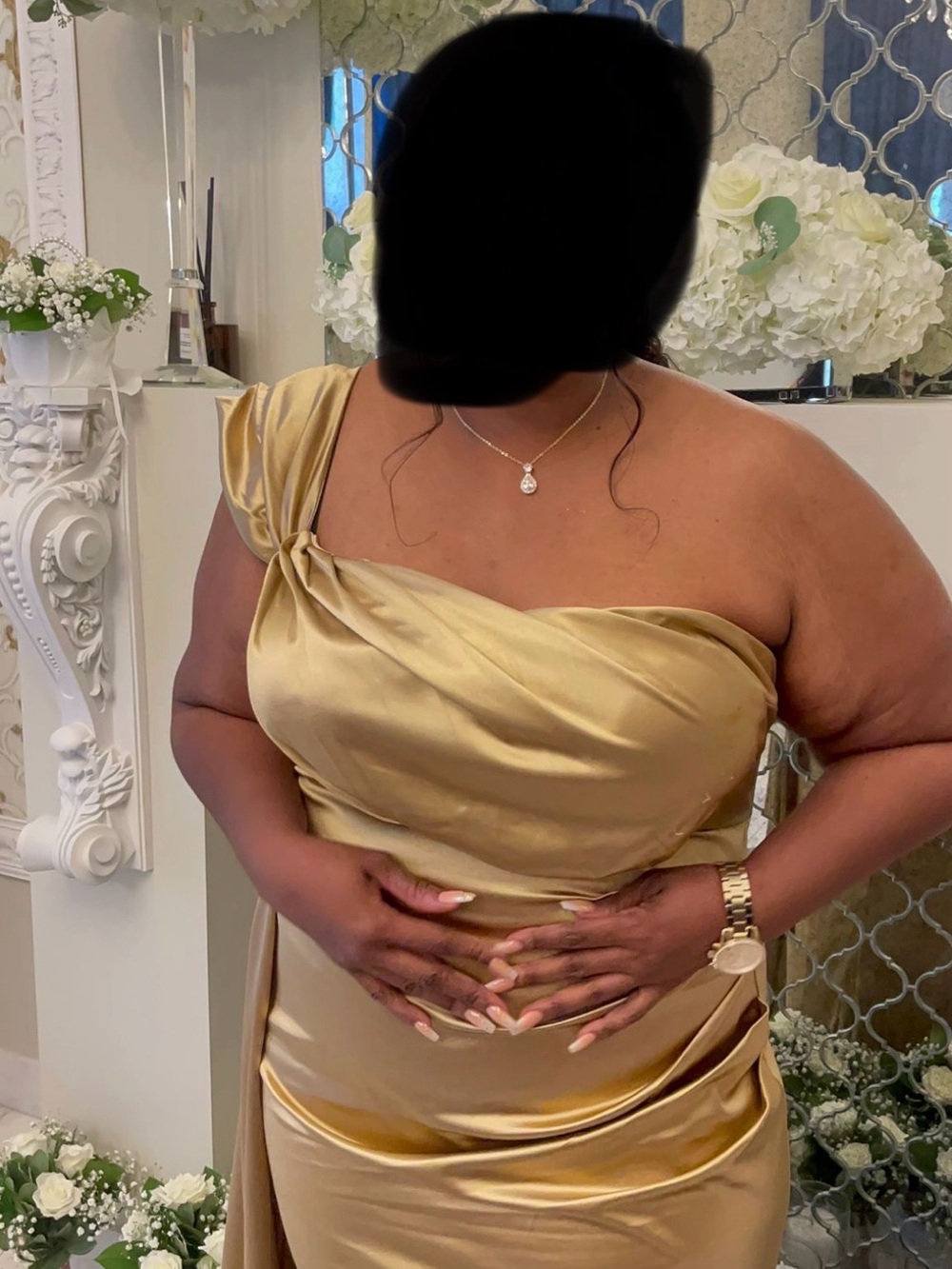 One-Shoulder Gold Satin Evening Dress